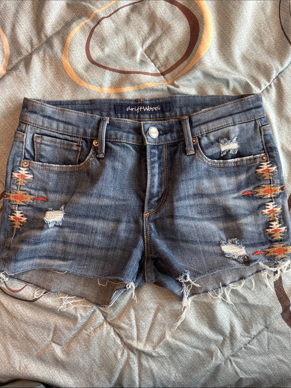 DRIFTWOOD Dark Blue Embroidered Distressed Denim Shorts